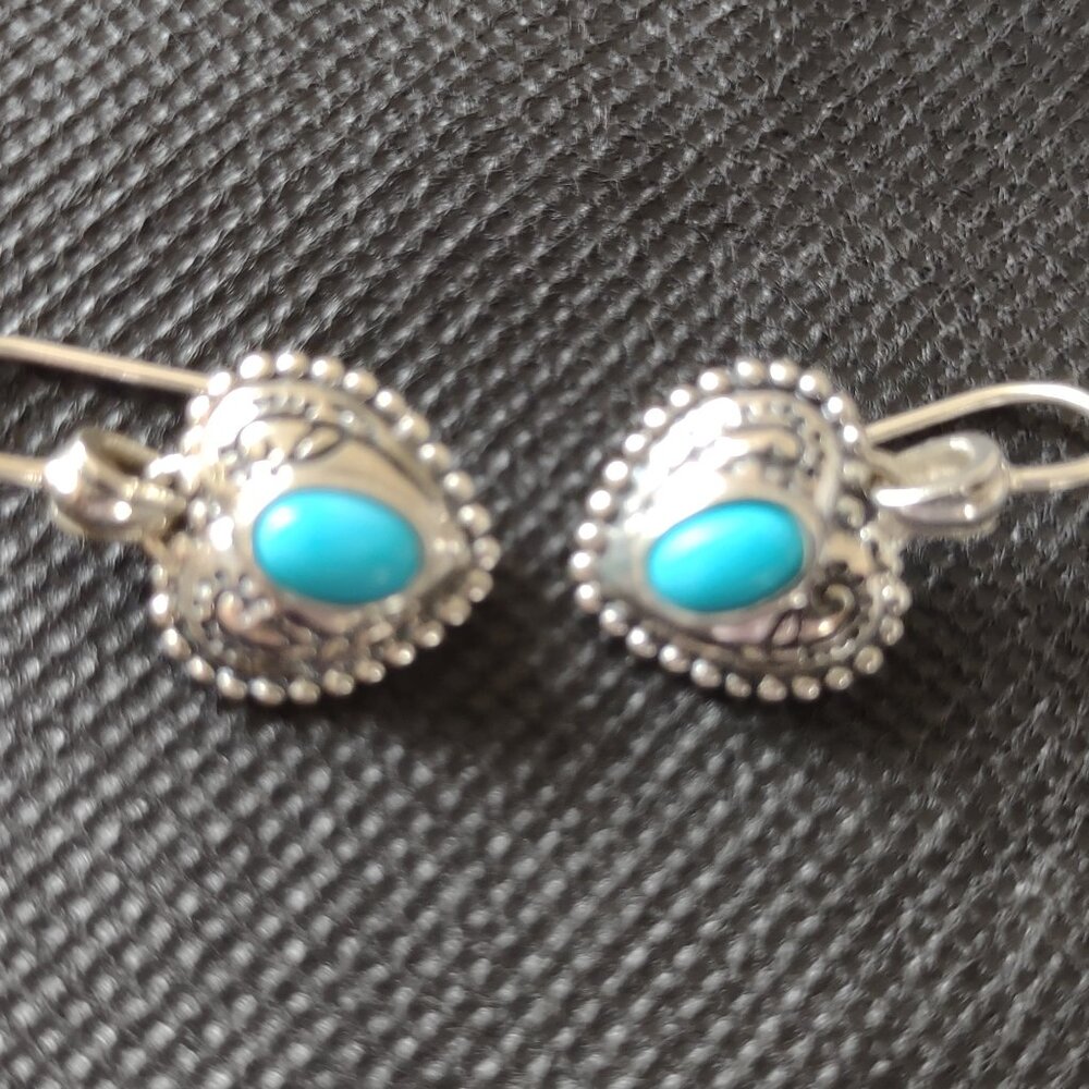 Sterling Silver Heart Shaped Earrings with Aqua Blue Stone